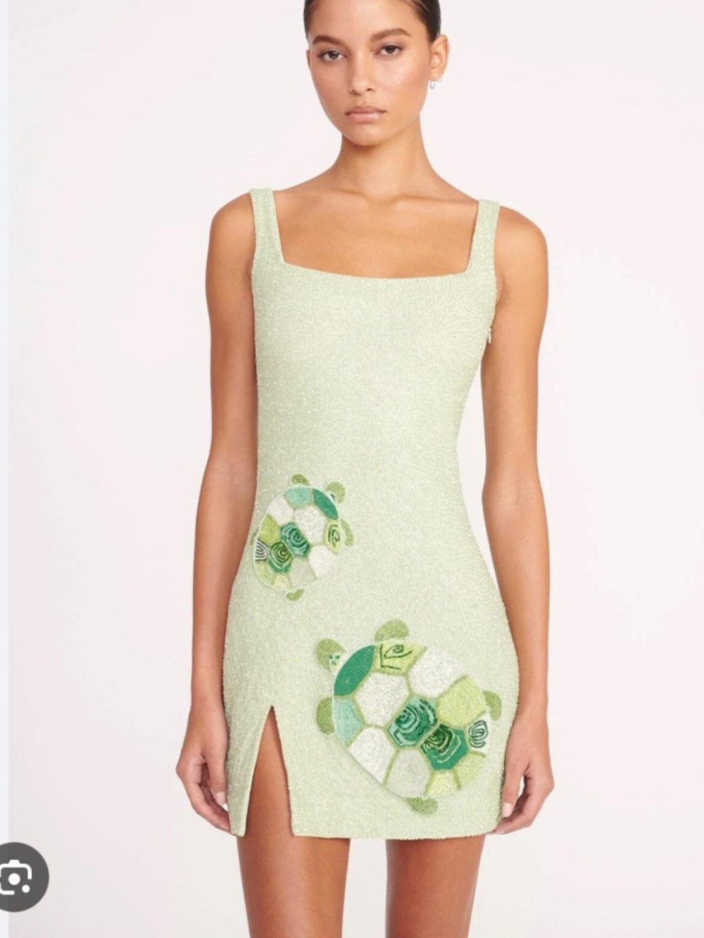 STAUD Coastal Vacation Beaded Turtle Mini Dress Green Embellished Size M